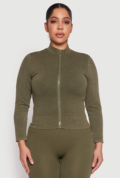Womens Plus Size Seamless Acid Wash Zip Front Top, Green, Size 2X-3X