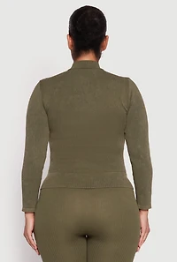 Womens Plus Size Seamless Acid Wash Zip Front Top, Green, Size 2X-3X