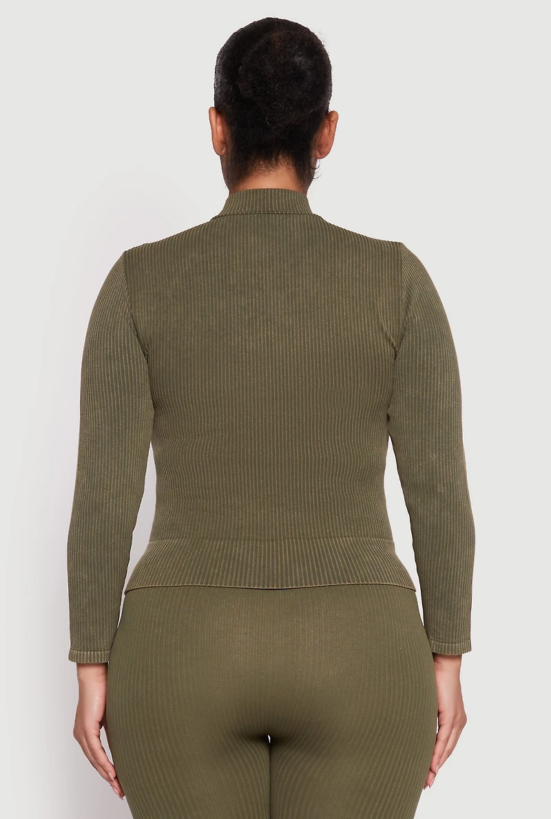 Womens Plus Size Seamless Acid Wash Zip Front Top, Green, Size 1X-2X