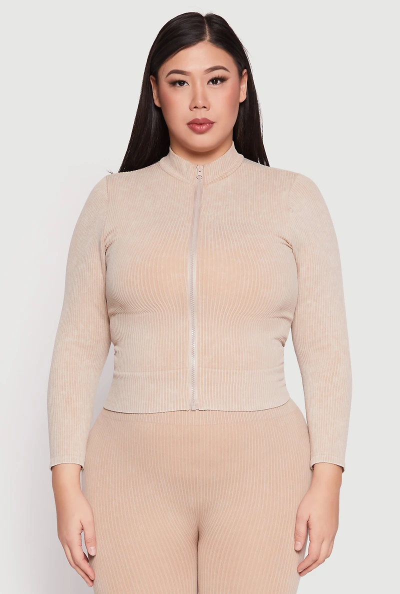 Womens Plus Seamless Acid Wash Zip Front Top, Beige,