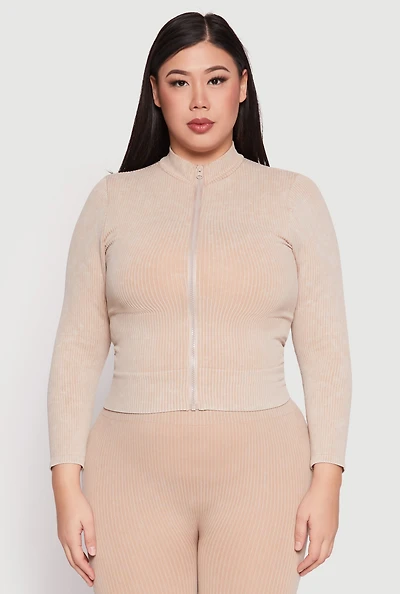 Womens Plus Seamless Acid Wash Zip Front Top, Beige,
