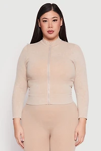 Womens Plus Seamless Acid Wash Zip Front Top, Beige,