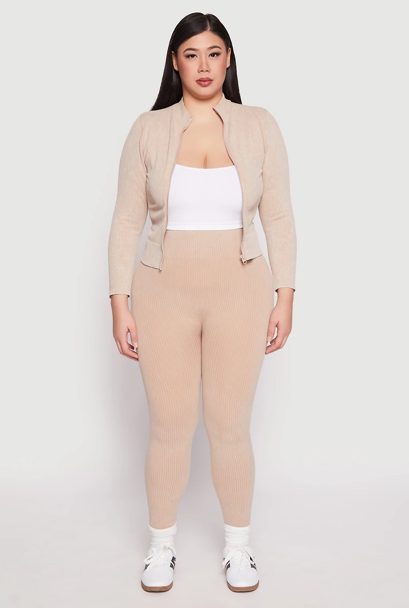 Womens Plus Seamless Acid Wash Zip Front Top, Beige,