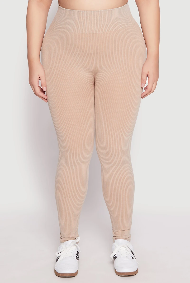 Womens Plus Size Seamless Acid Wash High Waist Leggings, Khaki, Size 1X-2X