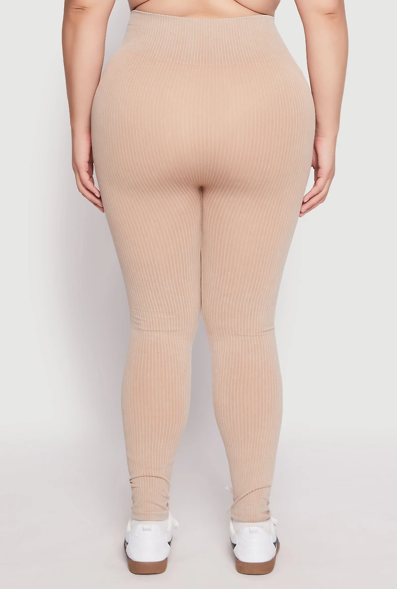 Womens Plus Size Seamless Acid Wash High Waist Leggings, Khaki, Size 1X-2X