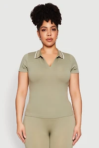 Womens Plus Size Contrast Trim Polo Shirt, Green, Size 1X-2X