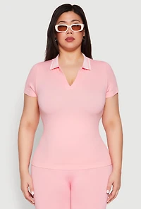 Womens Plus Size Contrast Trim Polo Shirt, Pink, Size 1X-2X