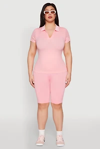 Womens Plus Size Contrast Trim Polo Shirt, Pink, Size 1X-2X