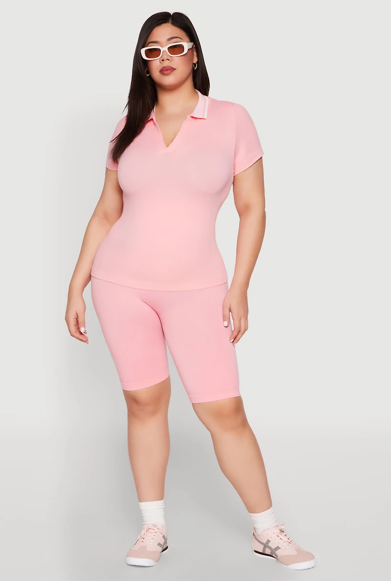 Womens Plus Size Contrast Trim Polo Shirt, Pink, Size 1X-2X