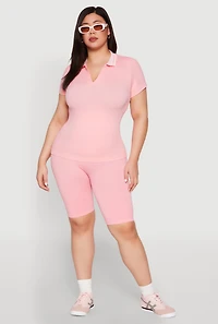 Womens Plus Size Contrast Trim Polo Shirt, Pink, Size 1X-2X
