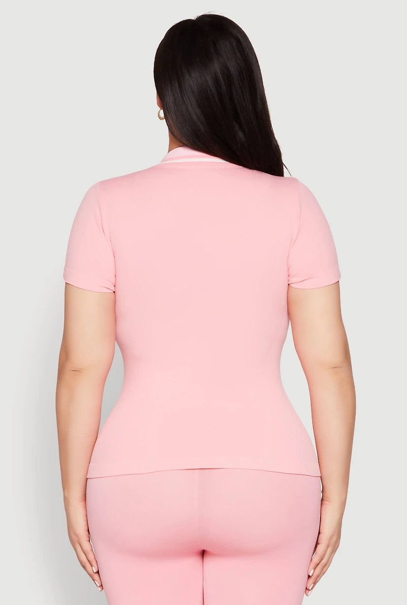 Womens Plus Size Contrast Trim Polo Shirt, Pink, Size 1X-2X