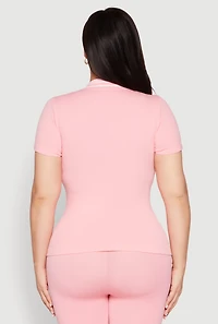 Womens Plus Size Contrast Trim Polo Shirt, Pink, Size 1X-2X