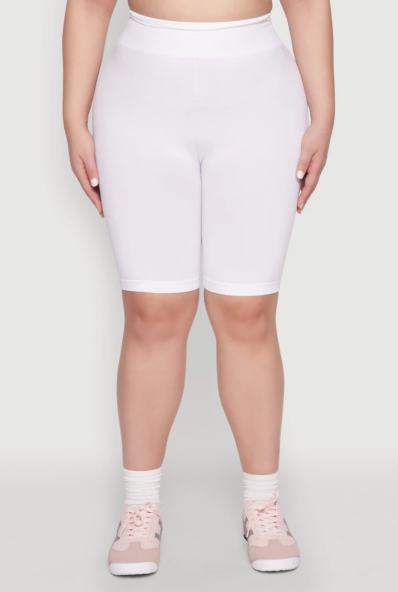Womens Plus Size High Waisted Biker Shorts, White, Size 1X-2X
