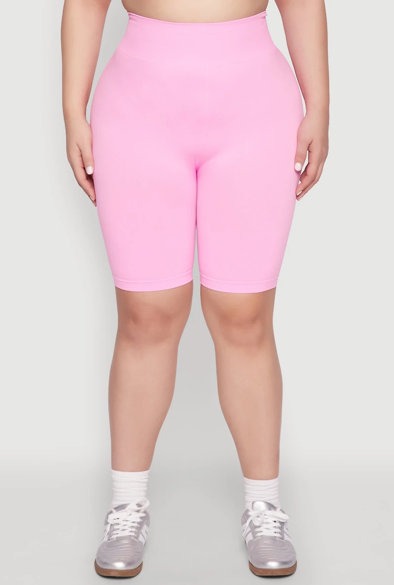 Womens Plus Size High Waisted Biker Shorts, Pink, Size 1X-2X