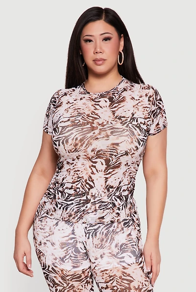 Plus Patterned Mesh Ruched Side Top