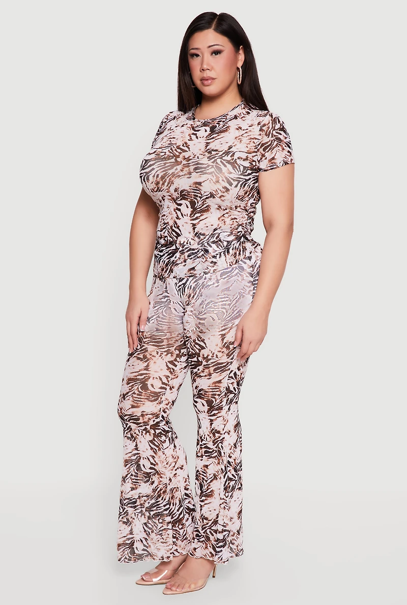 Plus Patterned Mesh Ruched Side Top
