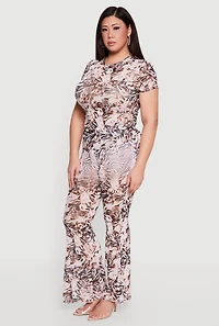 Plus Patterned Mesh Ruched Side Top
