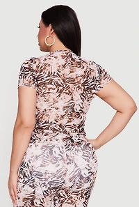 Plus Patterned Mesh Ruched Side Top