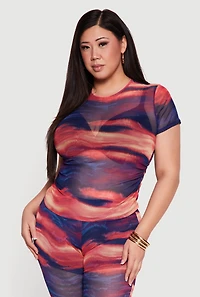 Plus Patterned Mesh Ruched Side Top