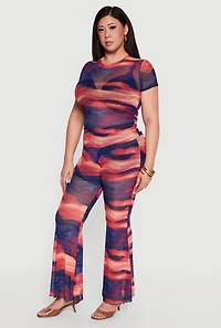 Plus Patterned Mesh Ruched Side Top