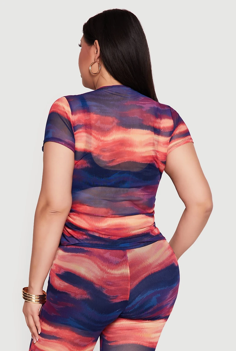 Plus Patterned Mesh Ruched Side Top