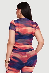 Plus Patterned Mesh Ruched Side Top