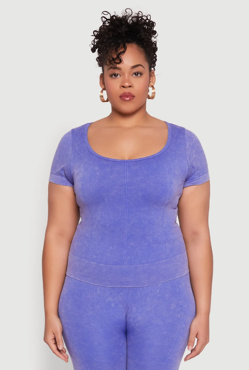 Womens Plus Size Mineral Wash Scoop Neck Tee, Blue, Size 1X-2X