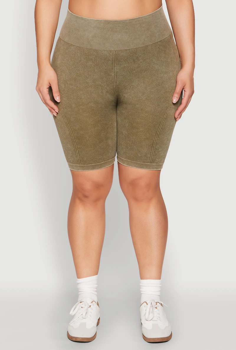 Womens Plus Size Mineral Wash Biker Shorts, Green, Size 1X-2X