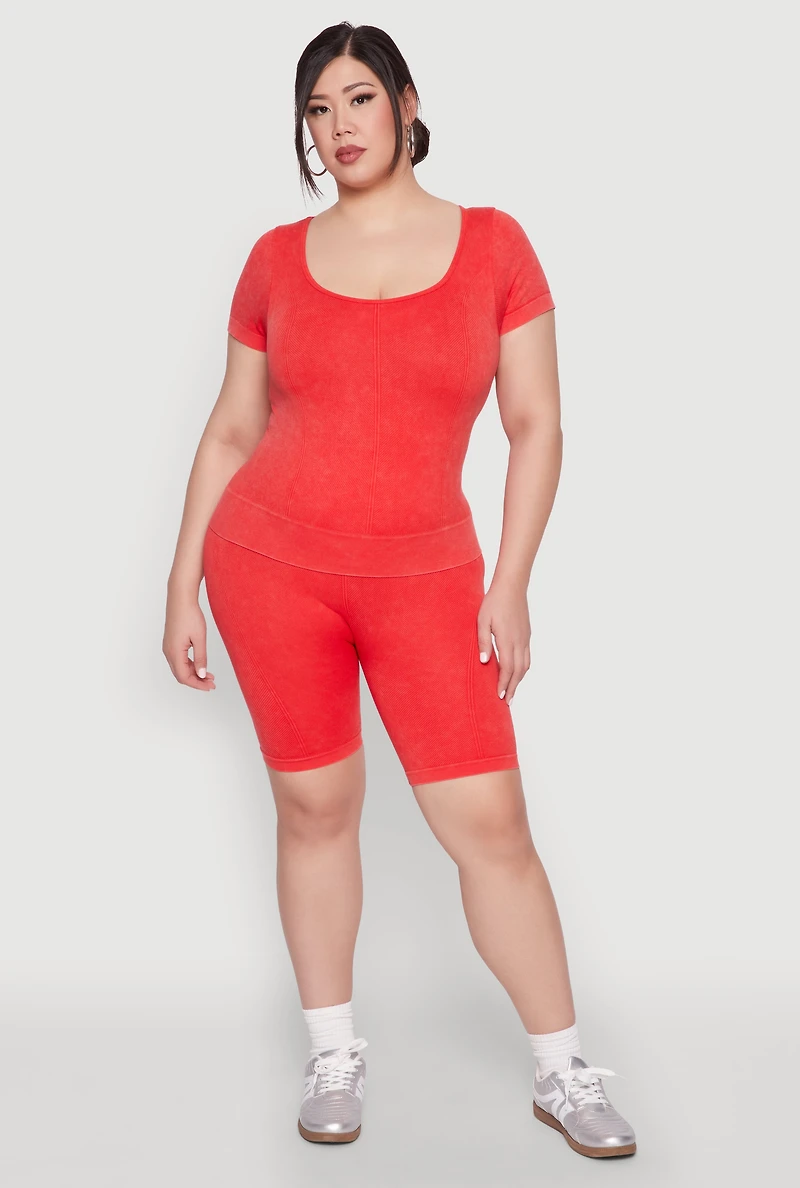 Womens Plus Size Mineral Wash Biker Shorts, Red, Size 1X-2X