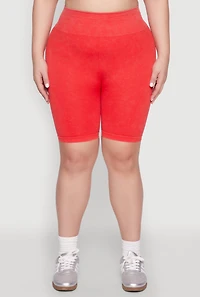 Womens Plus Size Mineral Wash Biker Shorts, Red, Size 1X-2X