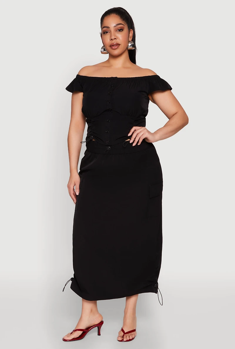 Womens Plus Nylon Toggle Drawstring Maxi Skirt, Black,