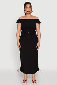 Womens Plus Nylon Toggle Drawstring Maxi Skirt, Black,