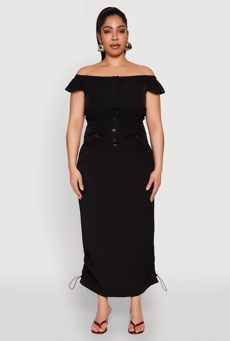 Womens Plus Size Nylon Toggle Drawstring Maxi Skirt, Black, Size 2X