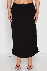 Womens Plus Nylon Toggle Drawstring Maxi Skirt, Black,