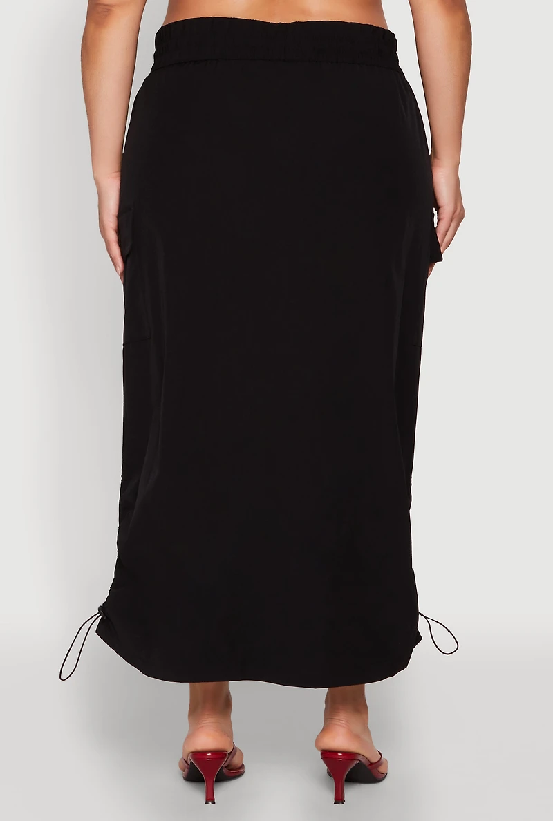 Womens Plus Size Nylon Toggle Drawstring Maxi Skirt, Black, Size 2X