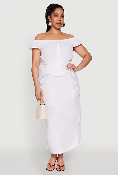 Womens Plus Size Nylon Toggle Drawstring Maxi Skirt, White, Size 3X