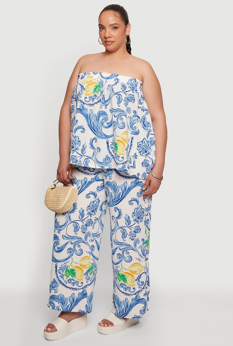 Plus Lemon Print Wide Leg Casual Pants