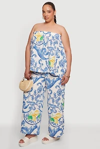 Plus Lemon Print Wide Leg Casual Pants