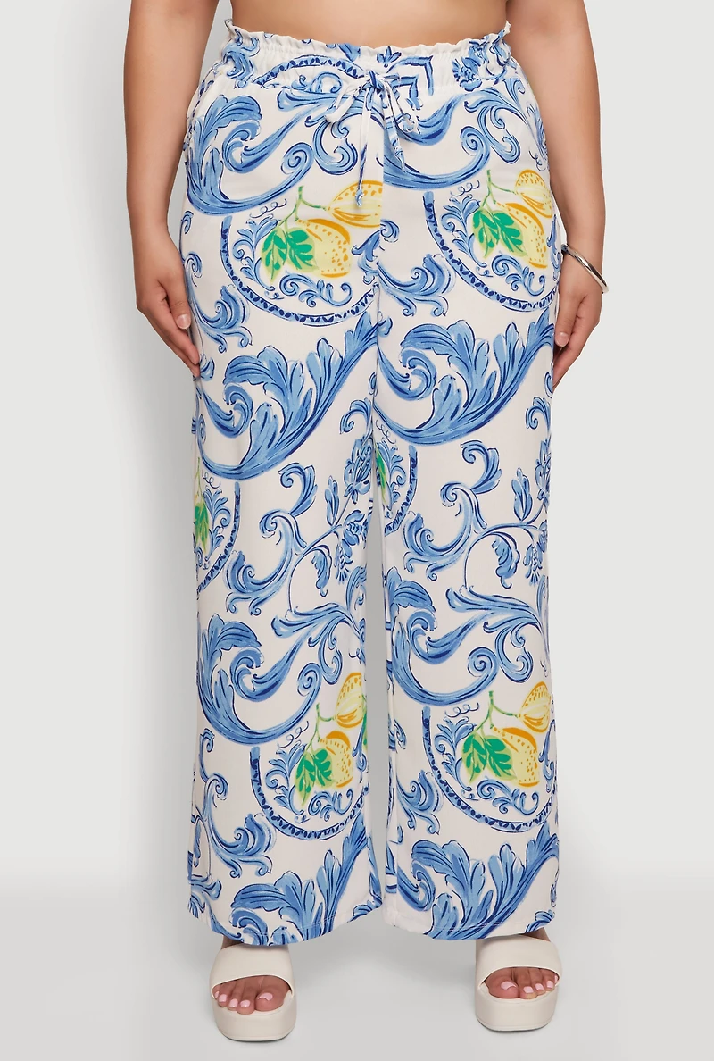 Plus Lemon Print Wide Leg Casual Pants