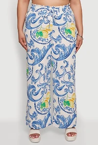 Plus Lemon Print Wide Leg Casual Pants