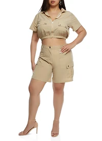 Plus Nylon Cargo Pocket Bermuda Shorts