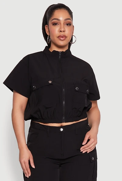 Womens Plus Size Nylon Utility Zip Front Top, Black, Size 2X