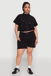 Womens Plus Size Nylon Utility Zip Front Top, Black, Size 2X