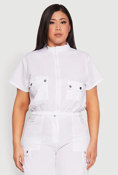 Womens Plus Size Nylon Utility Zip Front Top, White, Size 1X