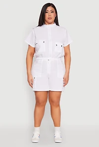Womens Plus Size Nylon Utility Zip Front Top, White, Size 1X
