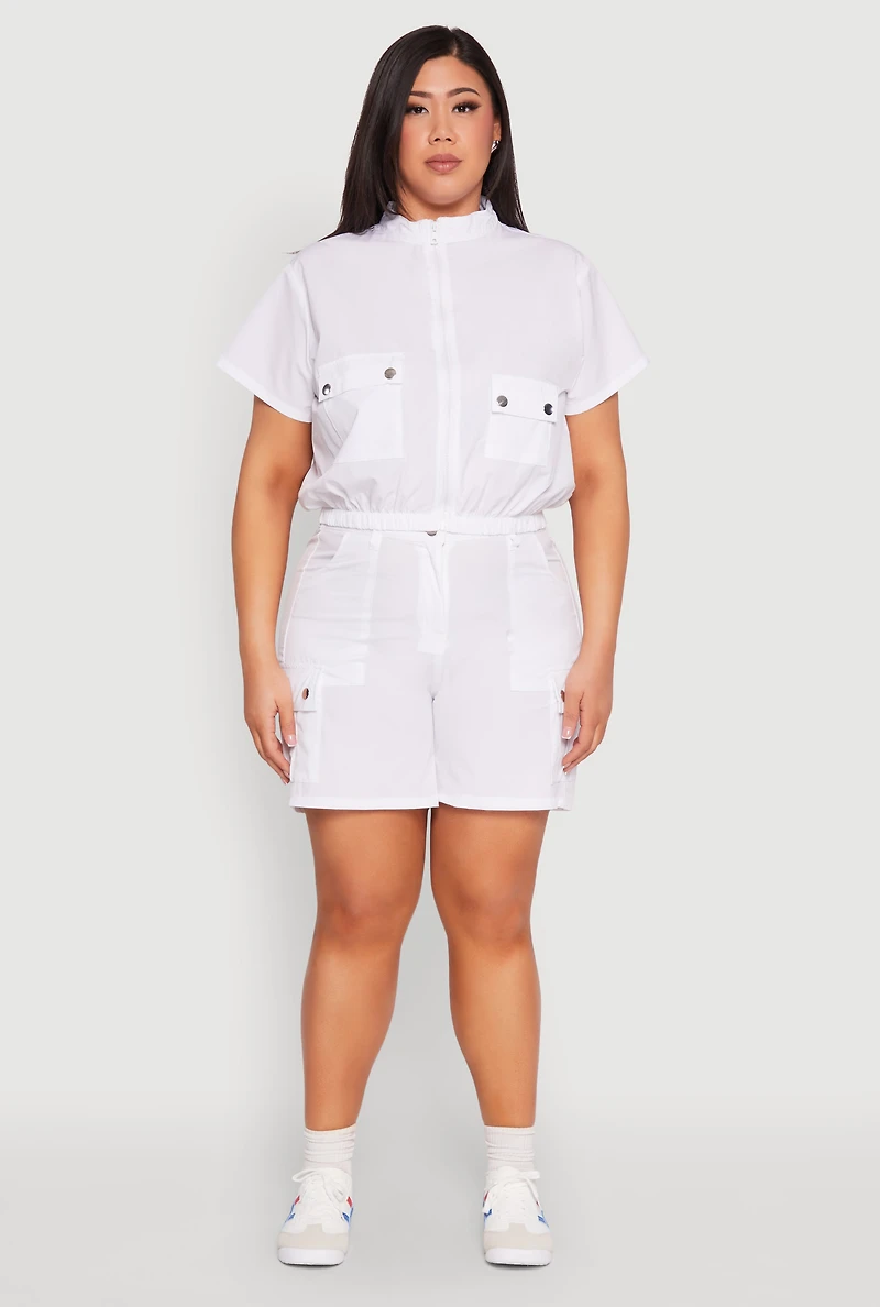 Womens Plus Size Nylon Utility Zip Front Top, White, Size 3X
