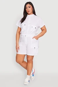 Womens Plus Size Nylon Utility Zip Front Top, White, Size 1X