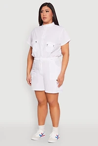 Womens Plus Size Nylon Utility Zip Front Top, White, Size 1X