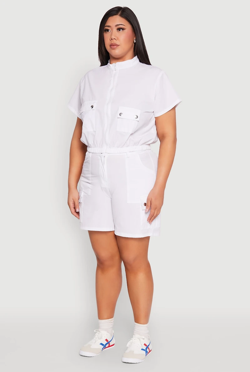 Womens Plus Size Nylon Utility Zip Front Top, White, Size 3X