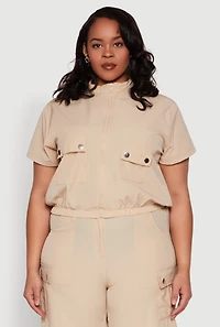 Womens Plus Nylon Utility Zip Front Top,